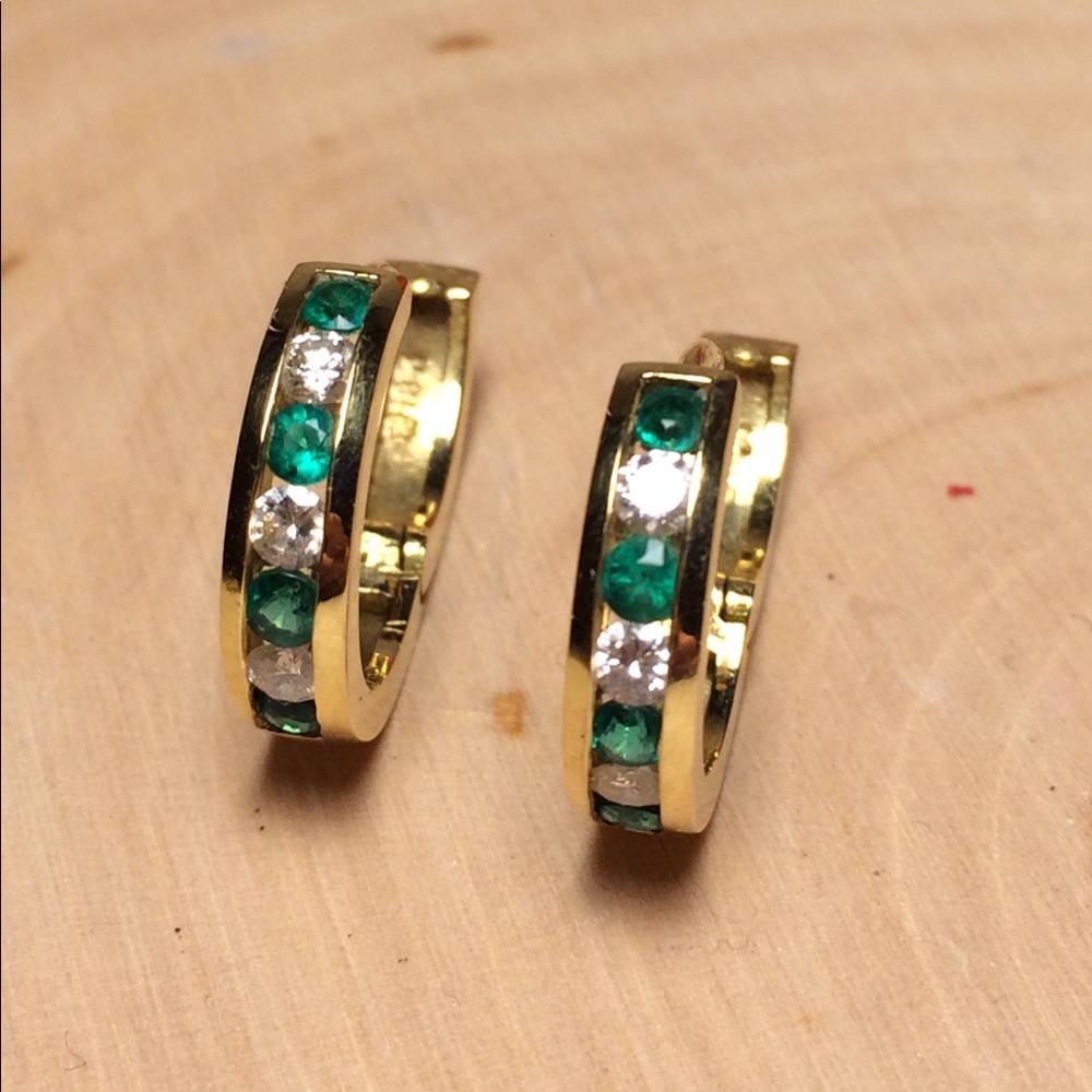 24k Gold Emerald Diamond Mini Hoop Earrings