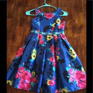 Girls blue floral dress with gem attached belt