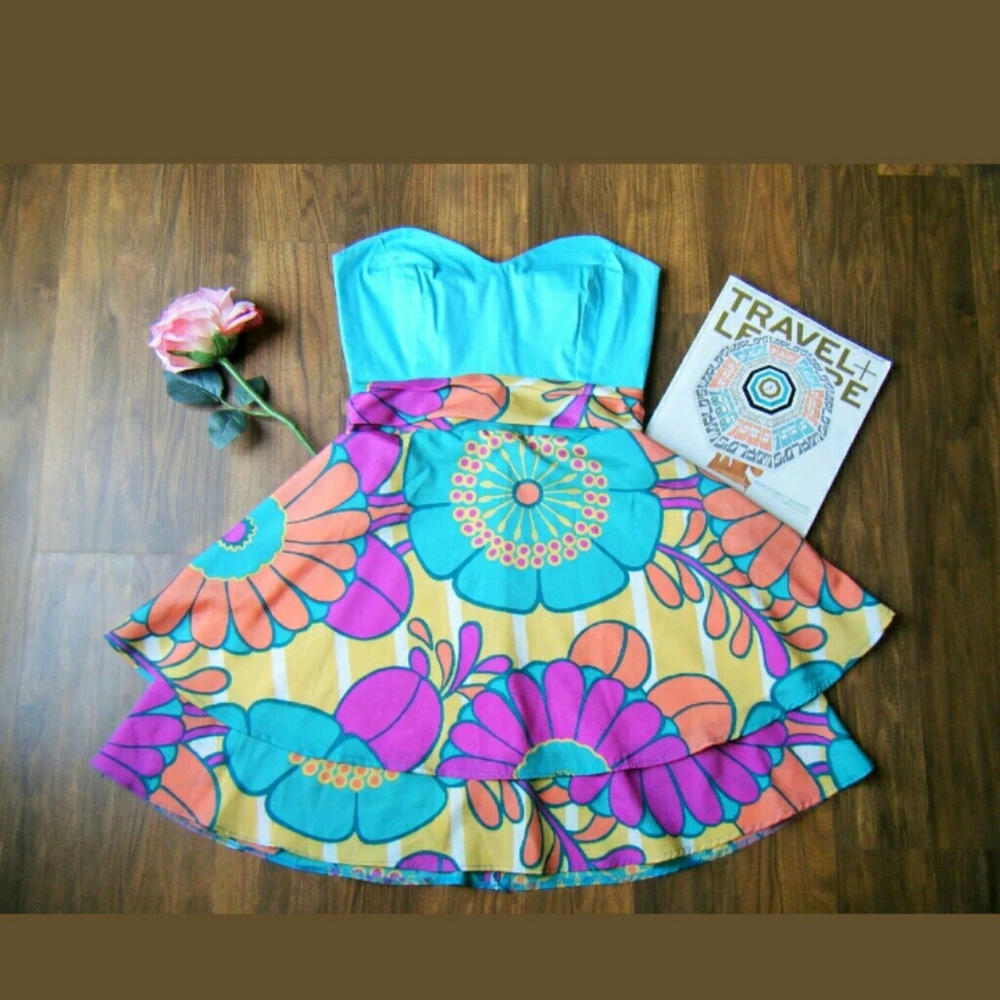 Judith March Tropical Print Sweetheart Dress Sz S