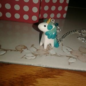 Blue and white unicorn necklace