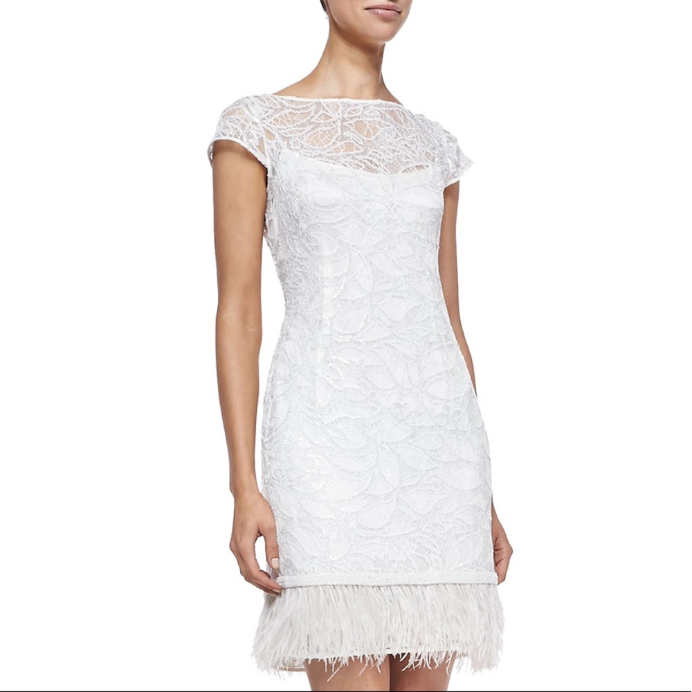 Kay Unger White Lace Dress with Feather Hem