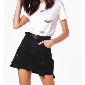 Boohoo, black, distressed, denim mini skirt