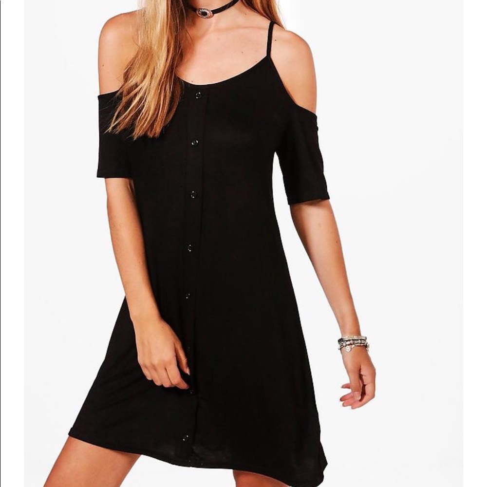 Boohoo, black cold shoulder dress