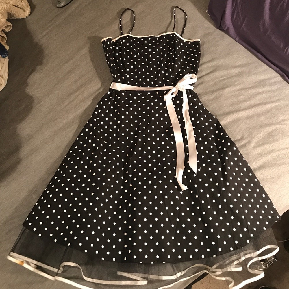 Black and white polka dot spaghetti strap dress