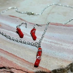 Red coral necklace and earring set