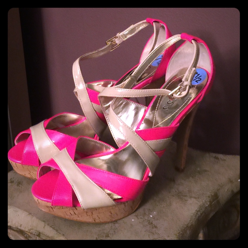 7 1/2 Guess 5 inch heel beige/hot pink stilettos