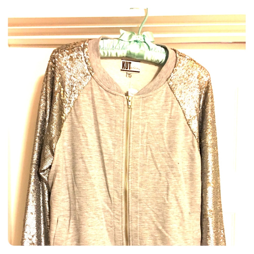 This zip-up from KUT features sequined sleeves.