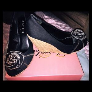 Black and beige peep toe wedge heels