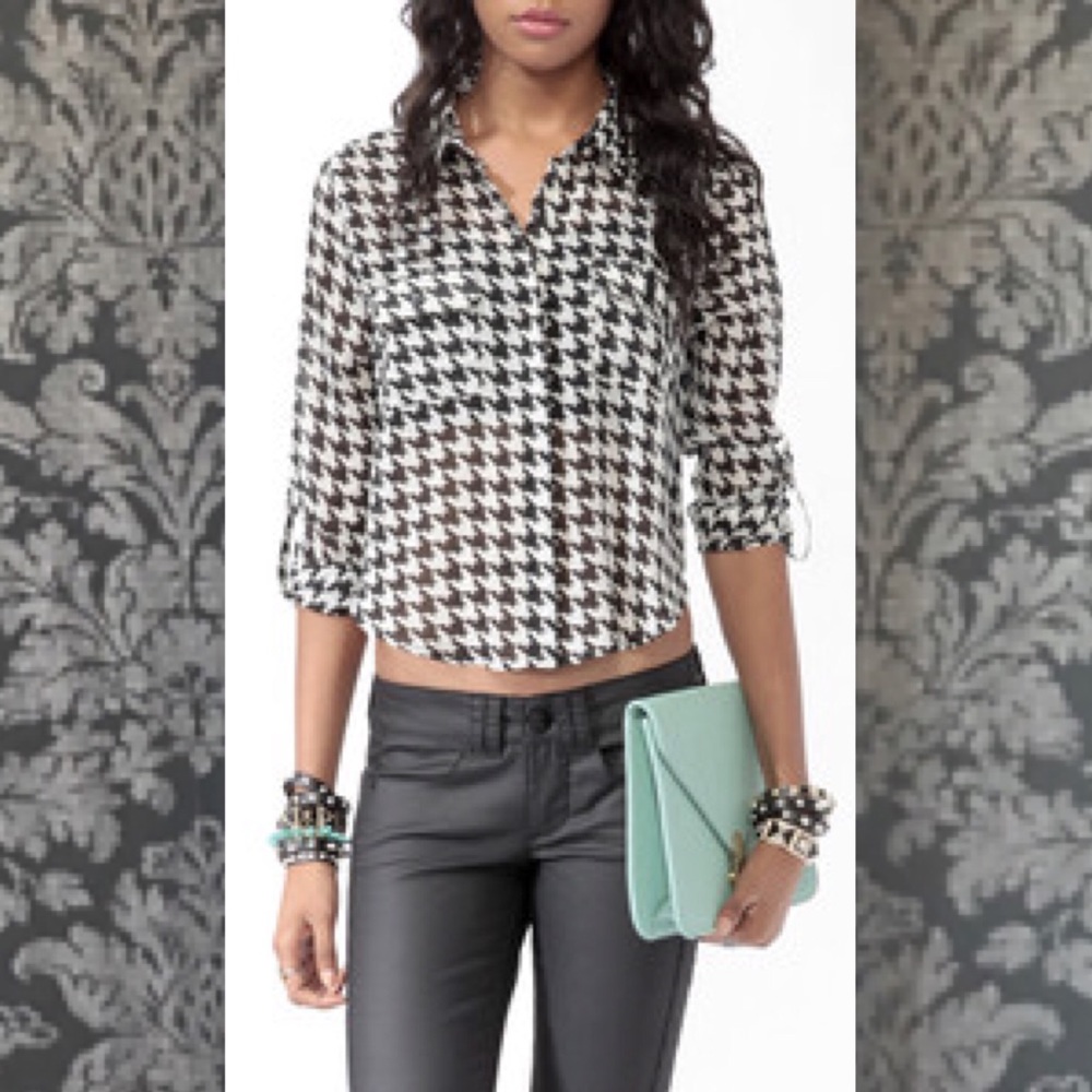 Black and White Houndstooth Button Up Sheer Blouse