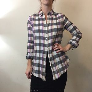 Isabella Sinclair White Pink Plaid Crochet Blouse Isabella Sinclair White Pink Plaid Crochet Blouse