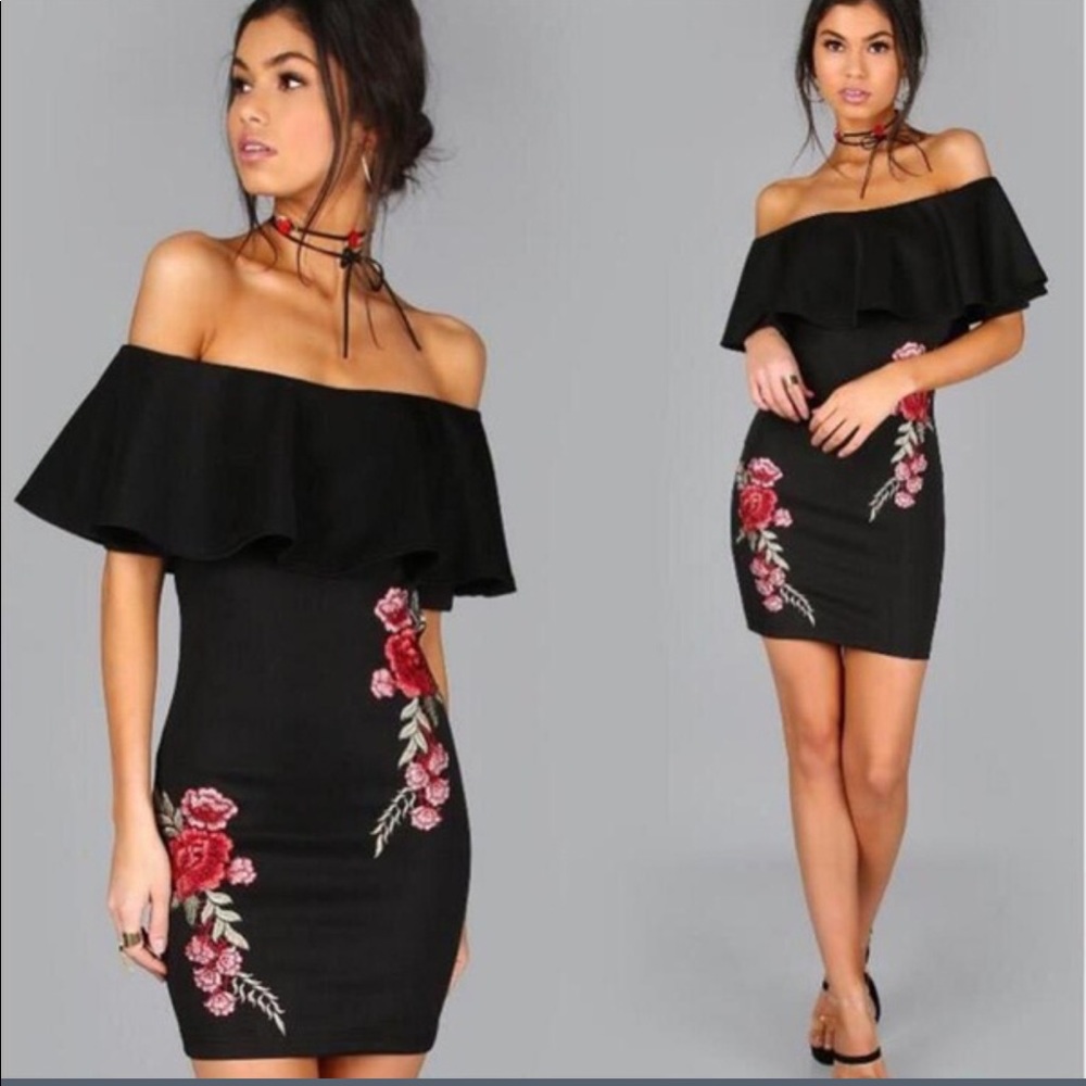 Black Off the shoulder rose embroidered dress