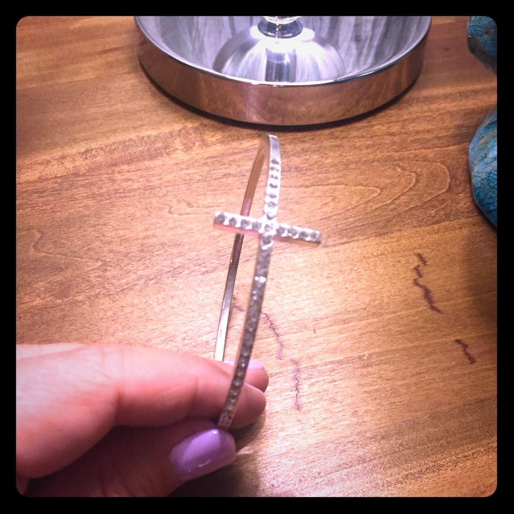Cross Bangle, Silver with Rhinestones
