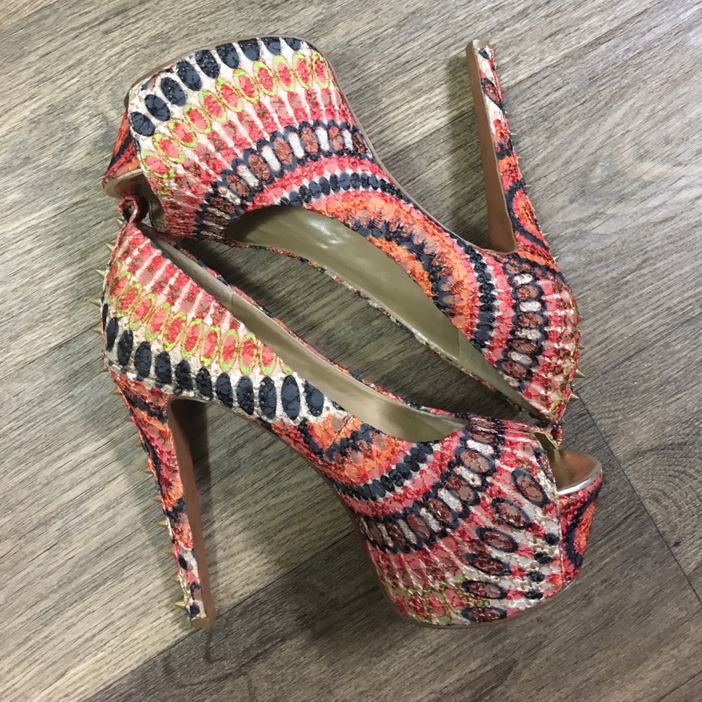 Tribal colored open toe platform spiked heel