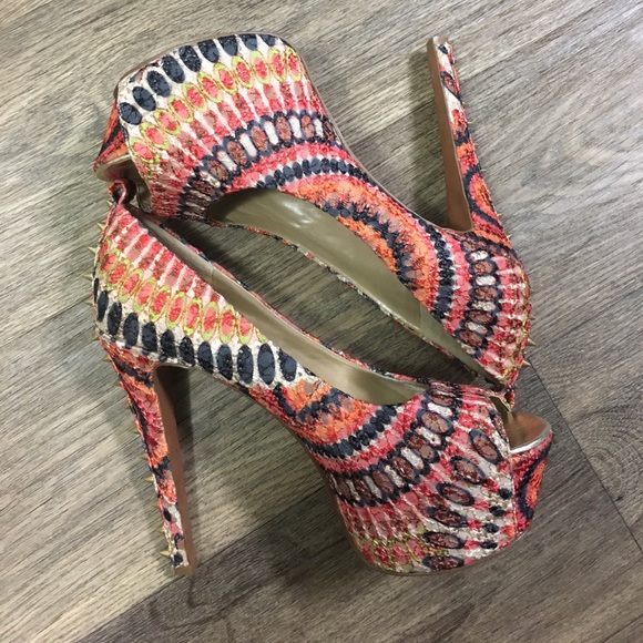 Shoes - Tribal colored open toe platform spiked heel