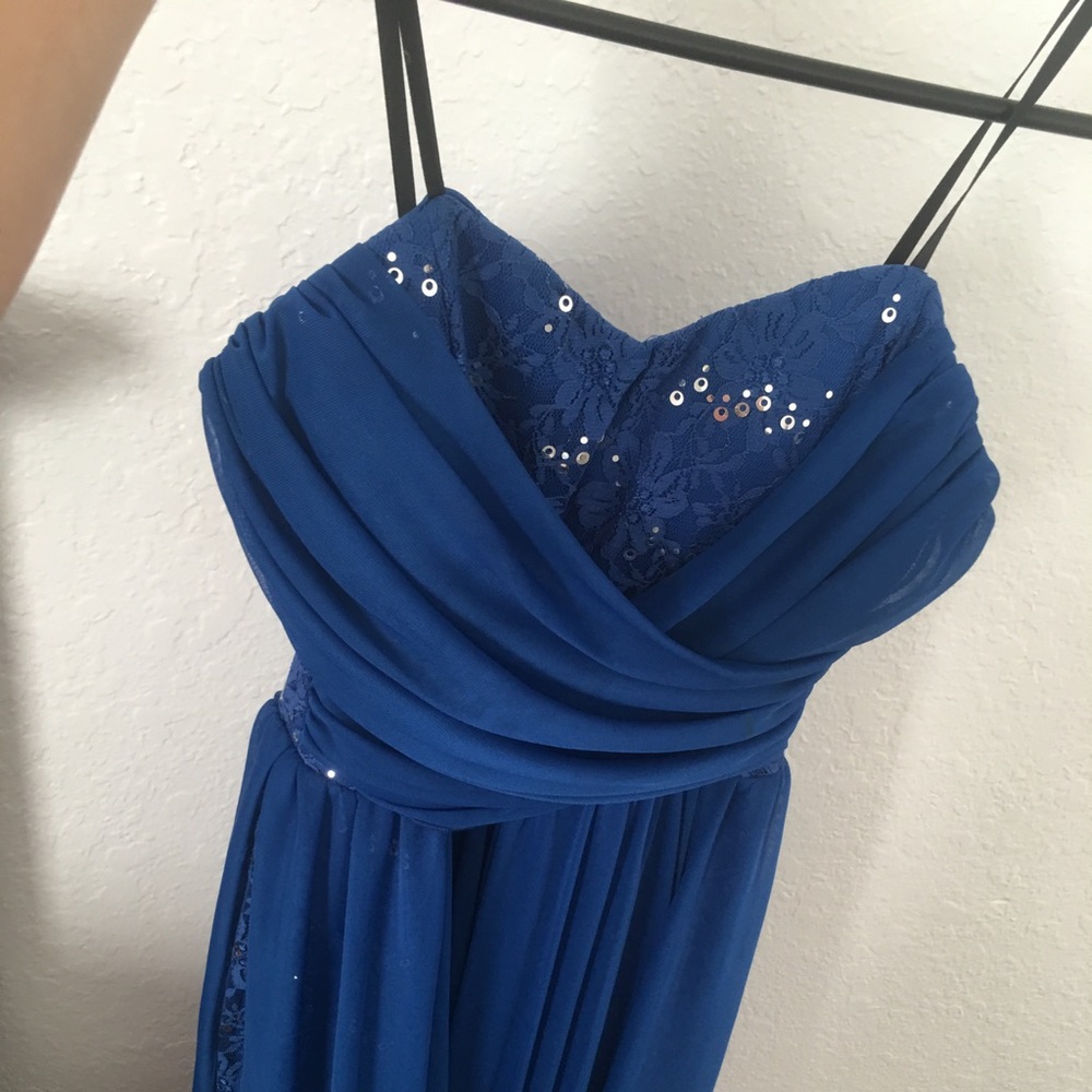 blue high-low strapless dress