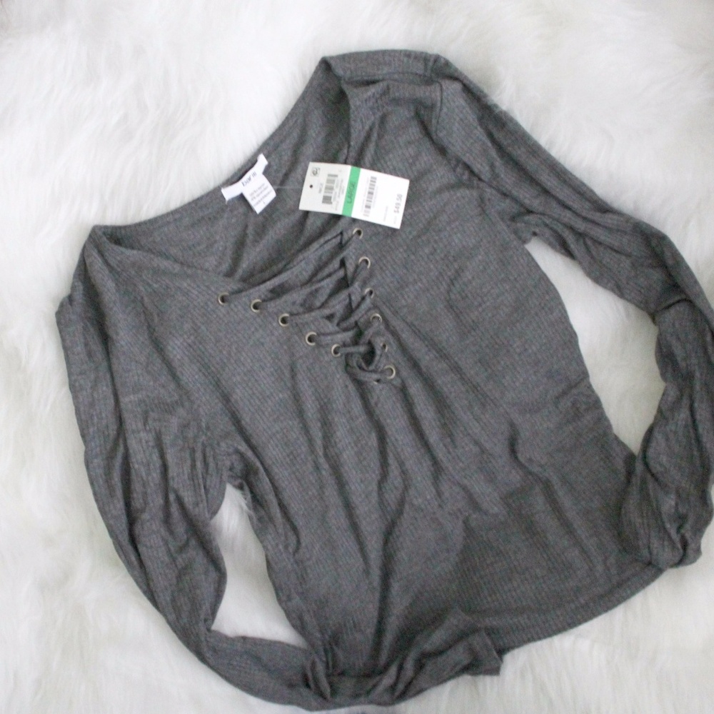 NEW Bar III gray lace-up ribbed crop top L