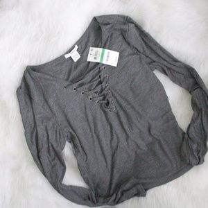 NEW Bar III gray lace-up ribbed crop top L
