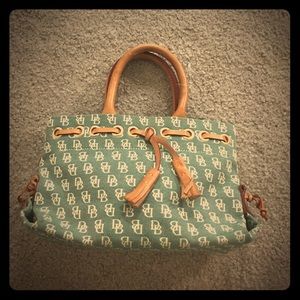 Dooney and bourke tan green satchel leather fabric Dooney and bourke tan green satchel leather fabric