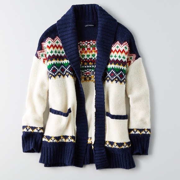 AEO Cardigan Sweater Patterned Pocket Fair Isle - Picture 3 of 6