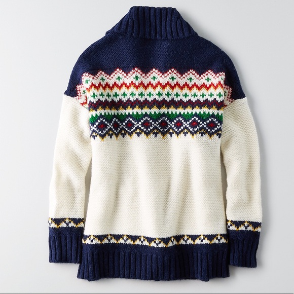 AEO Cardigan Sweater Patterned Pocket Fair Isle - Picture 4 of 6