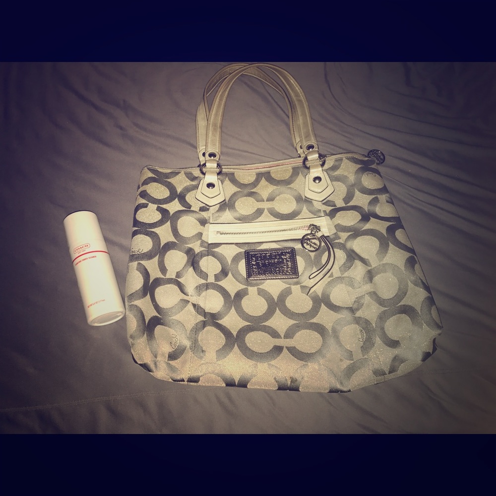 Large Coach Poppy purse, silver with pink interior