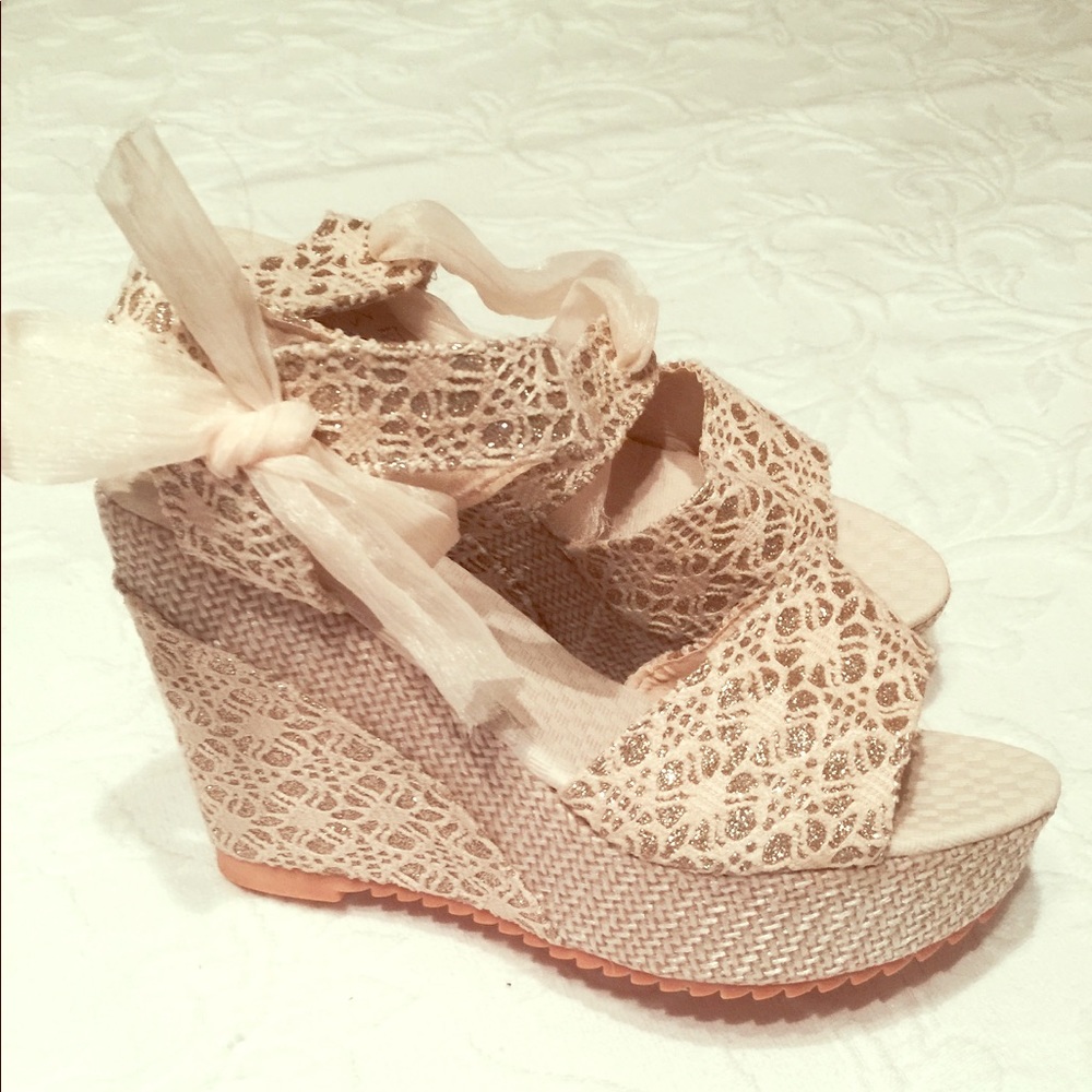 Ivory/Gold Lace Wedge with Ankle Tie