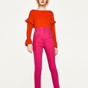 Zara deep orange flounce sweater