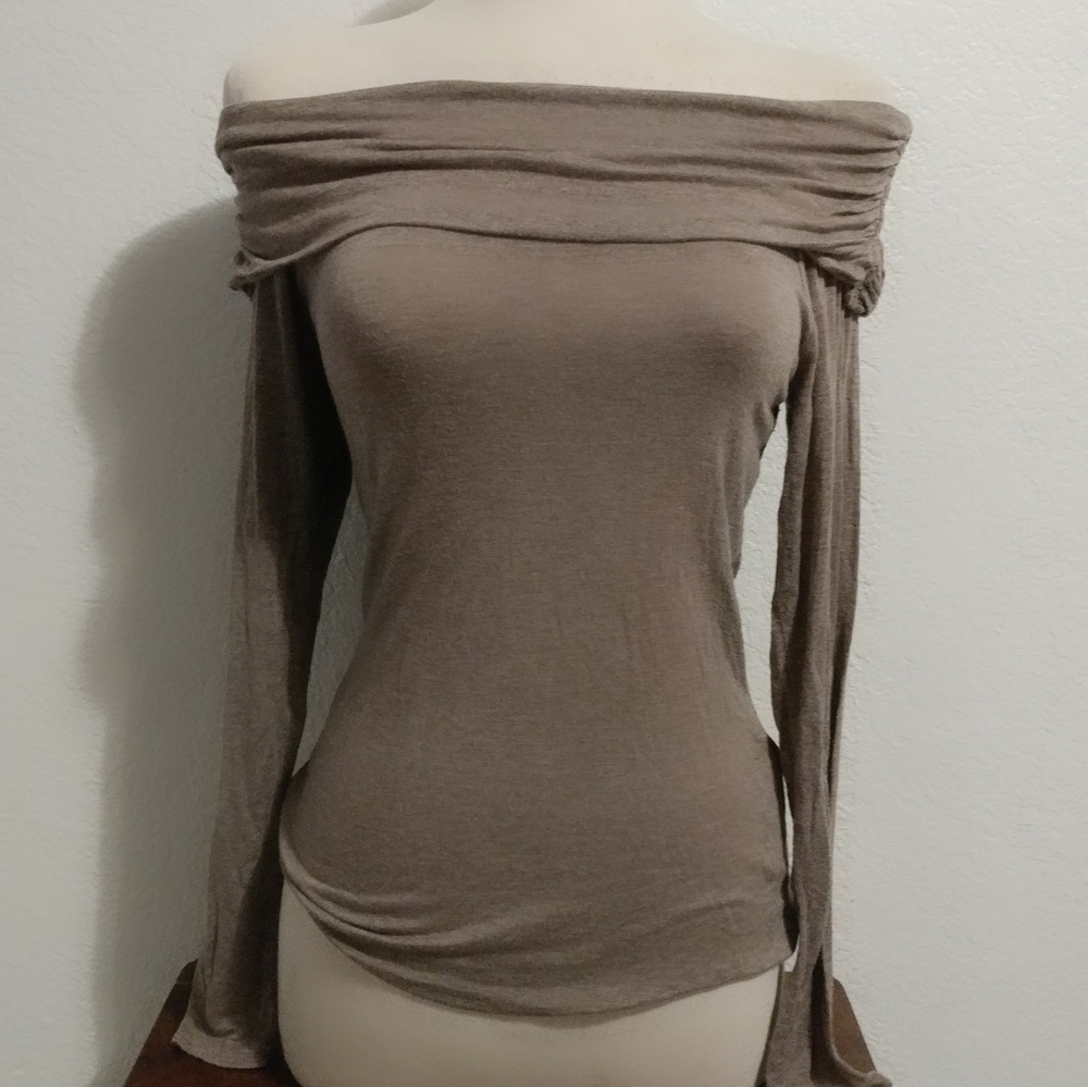 ❤Tan Jersey Off the Shoulders Long Sleeve Top❤