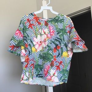 Floral Stripe Blouse with Ruffle Sleeves Floral Stripe Blouse with Ruffle Sleeves