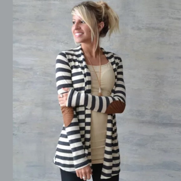 Sweaters - Elbow patch striped cardigan