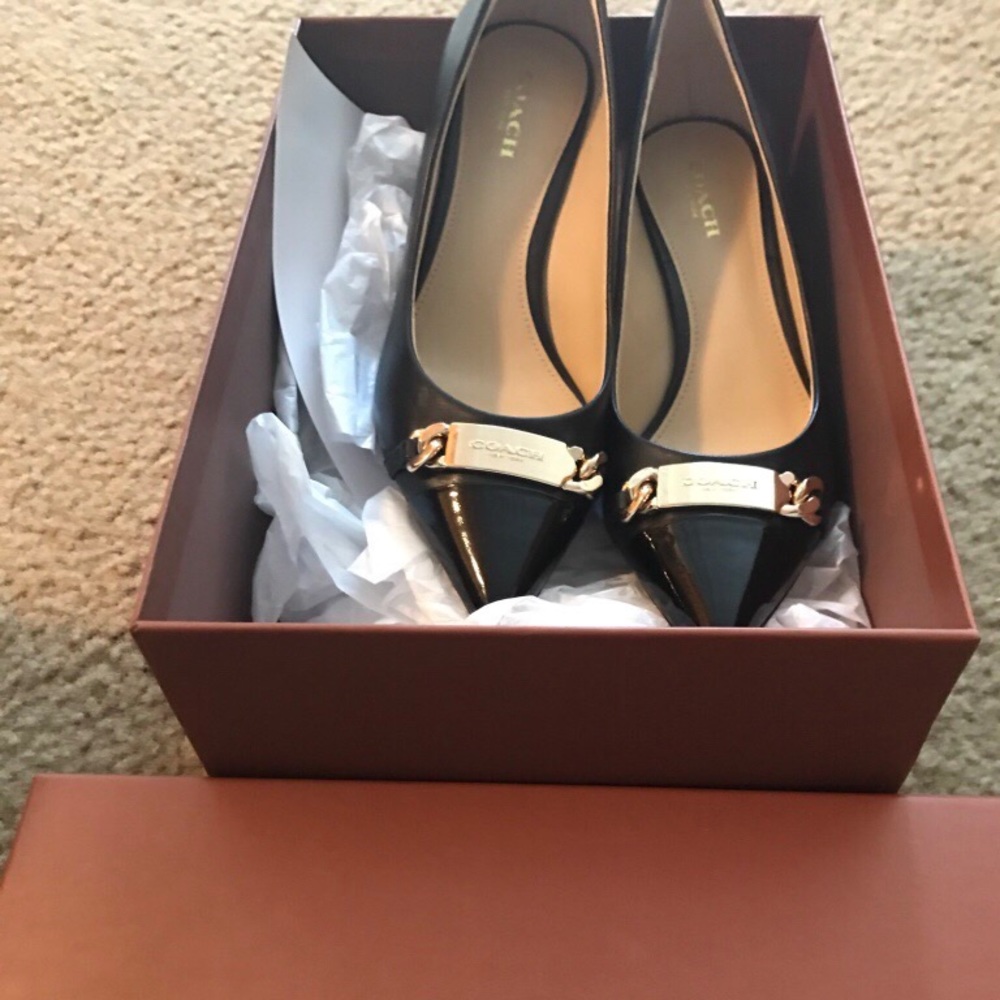 Black leather coach heels