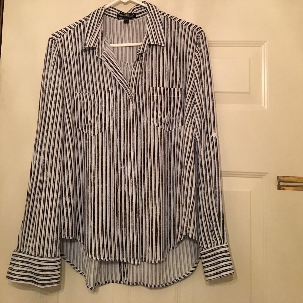 Navy striped longsleeved high low blouse worn once