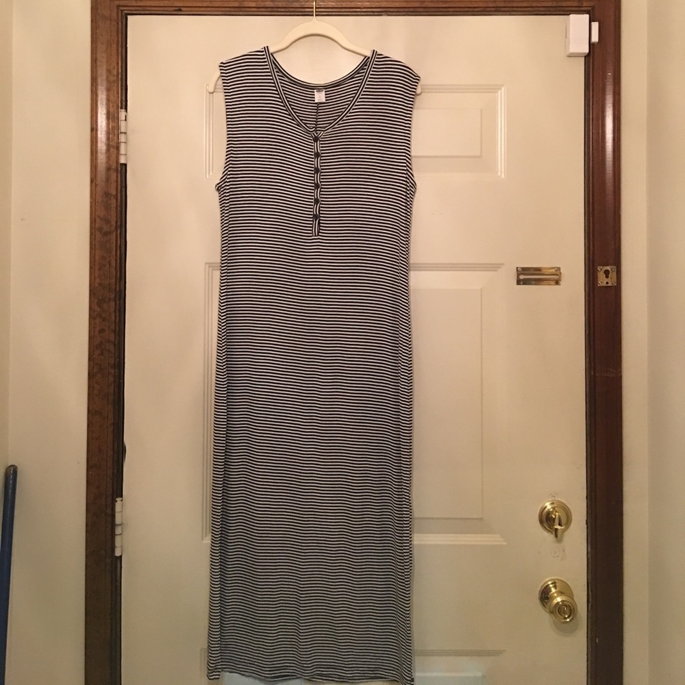 Black/white striped jersey knit sleeveless midi