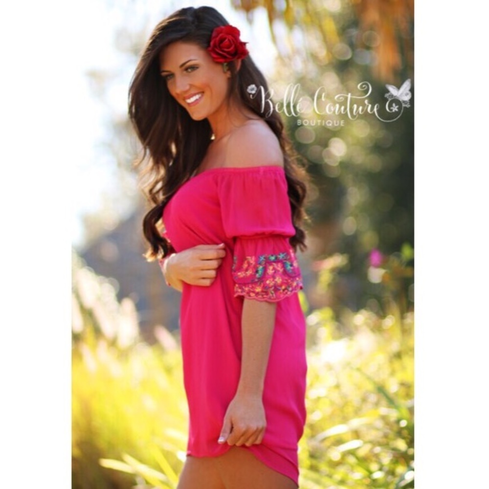 Off the shoulder fuchsia dress-embroidered sleeves