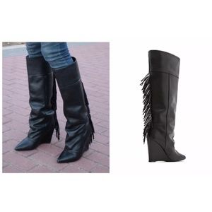 MANGO Tall High Black Fringe Leather Wedge boots