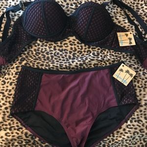 Purple and Black Bikini Set