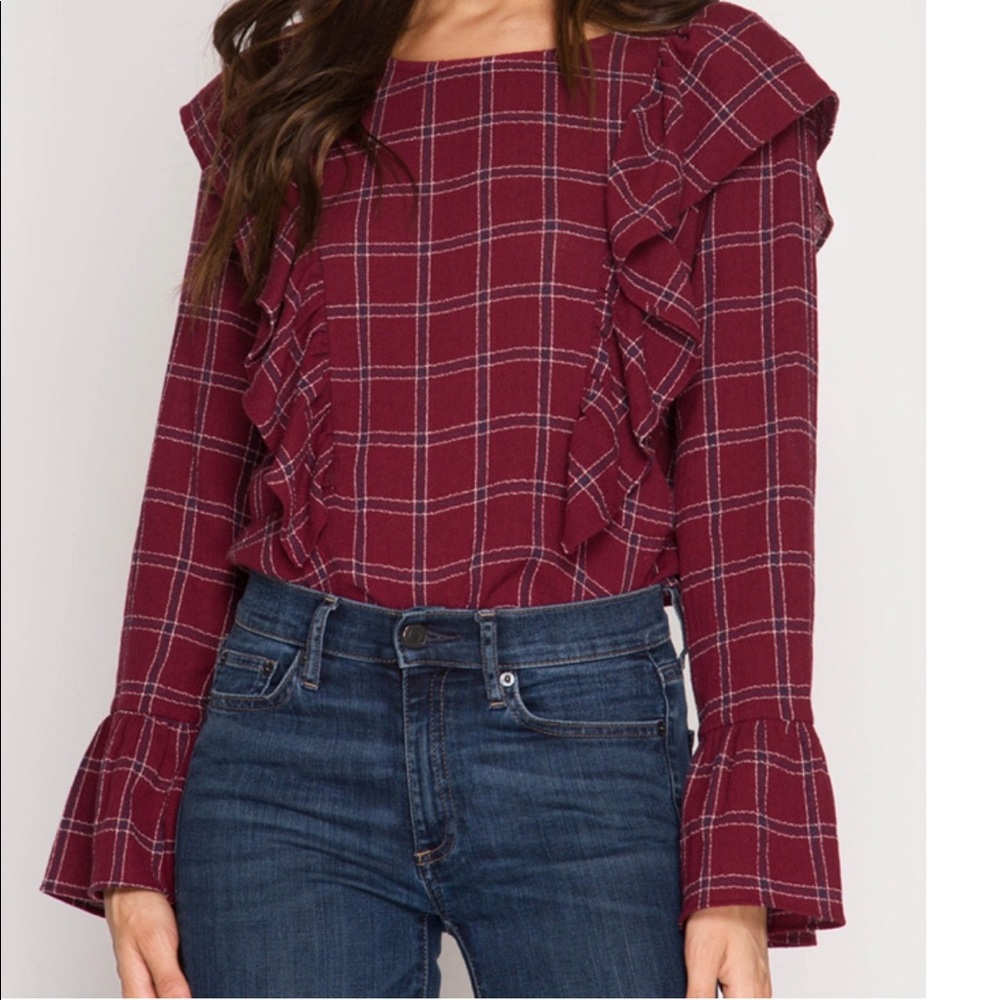 ‼️Sale‼️Cranberry Ruffled Plaid Top