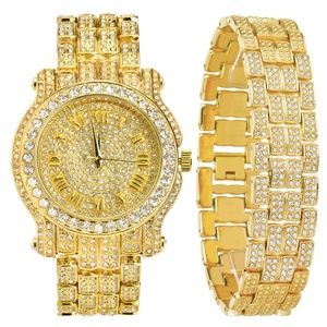 Iced Out 14k Gold Plated Watch & Bracelet Set