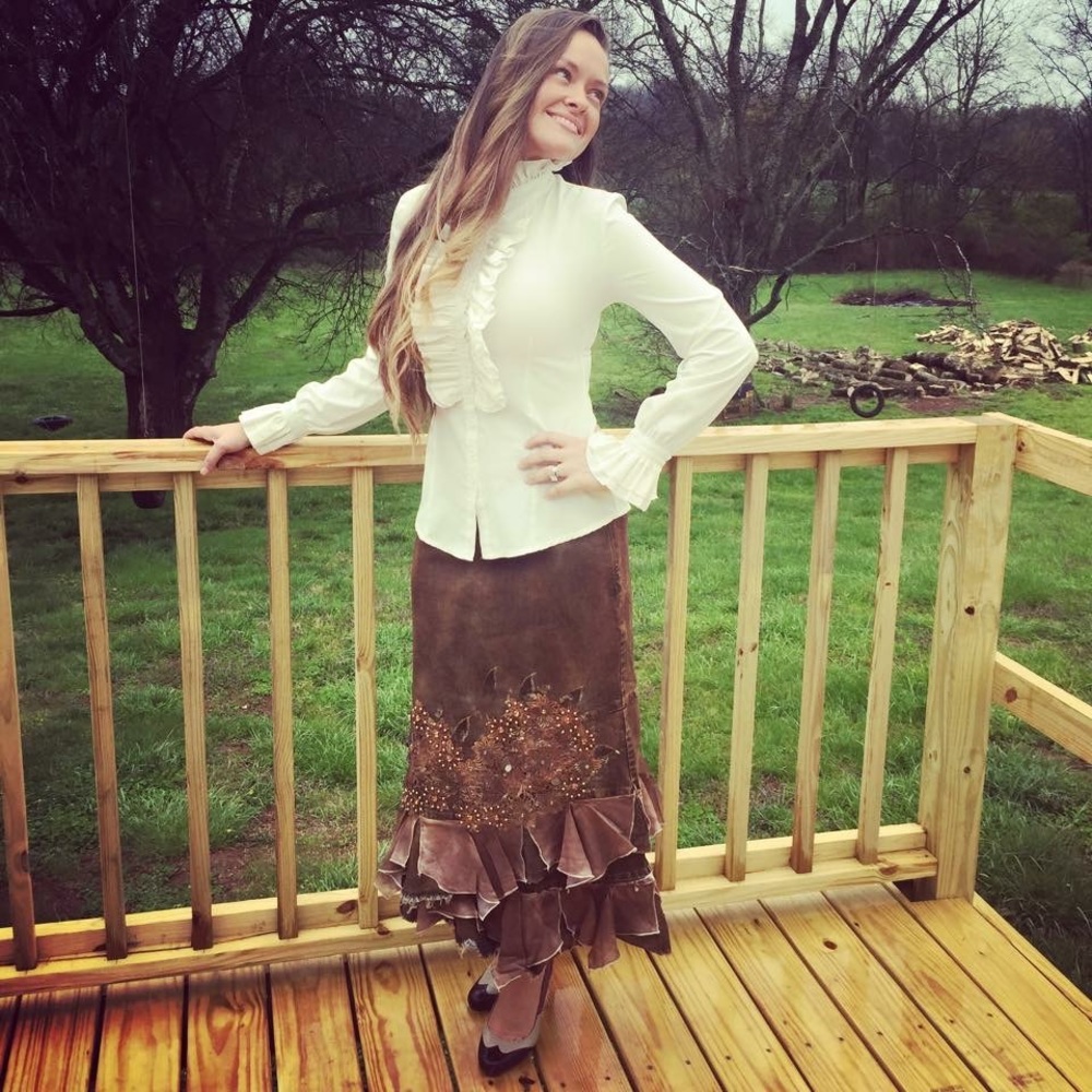 NWT embellished denim & lace skirt  s/m brown