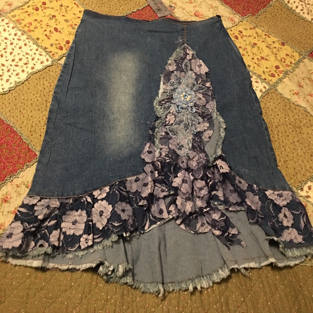 NWT denim skirt small shabby chic embellished