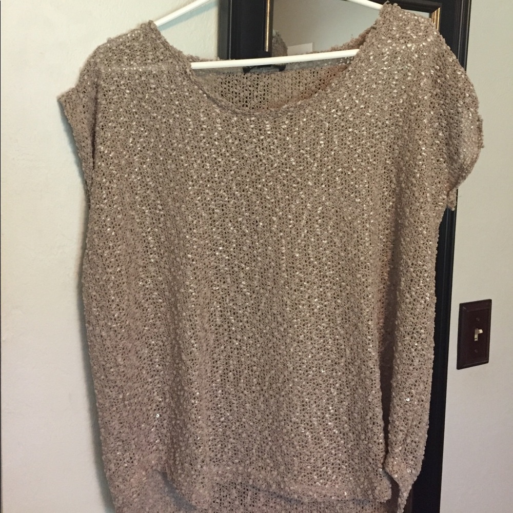 MNG tan open knit top