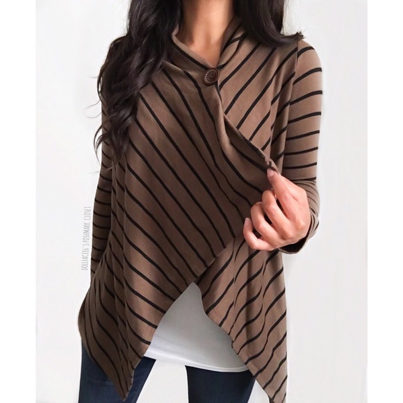 bobeau Sweaters - Brown + Black Stripe Cape Cardigan