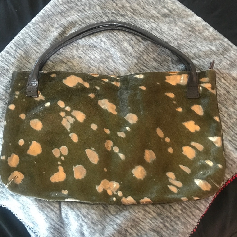 Large green pony hair and gold Tote