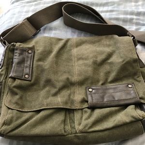 Olive green messenger bag.