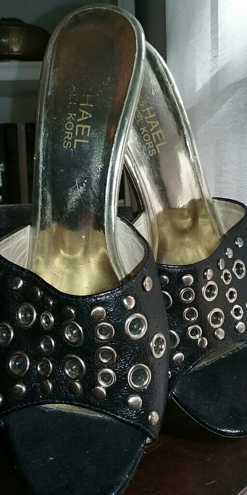 Micheal Kors cork wedge heels with black and gold