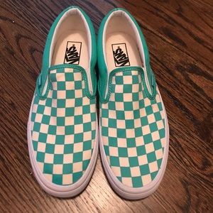 Blue checkered Vans slip ons