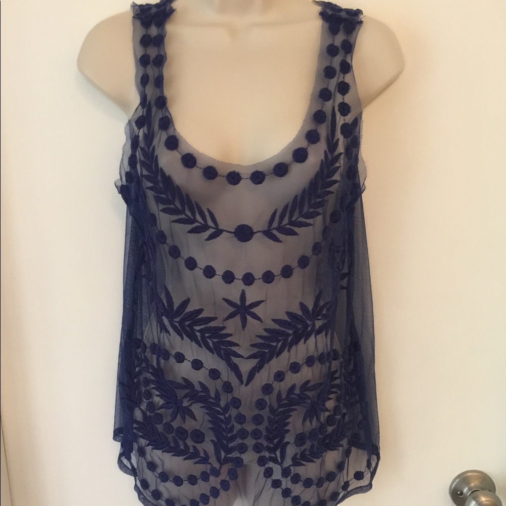 Lauren Conrad blue sheer Embroidered top