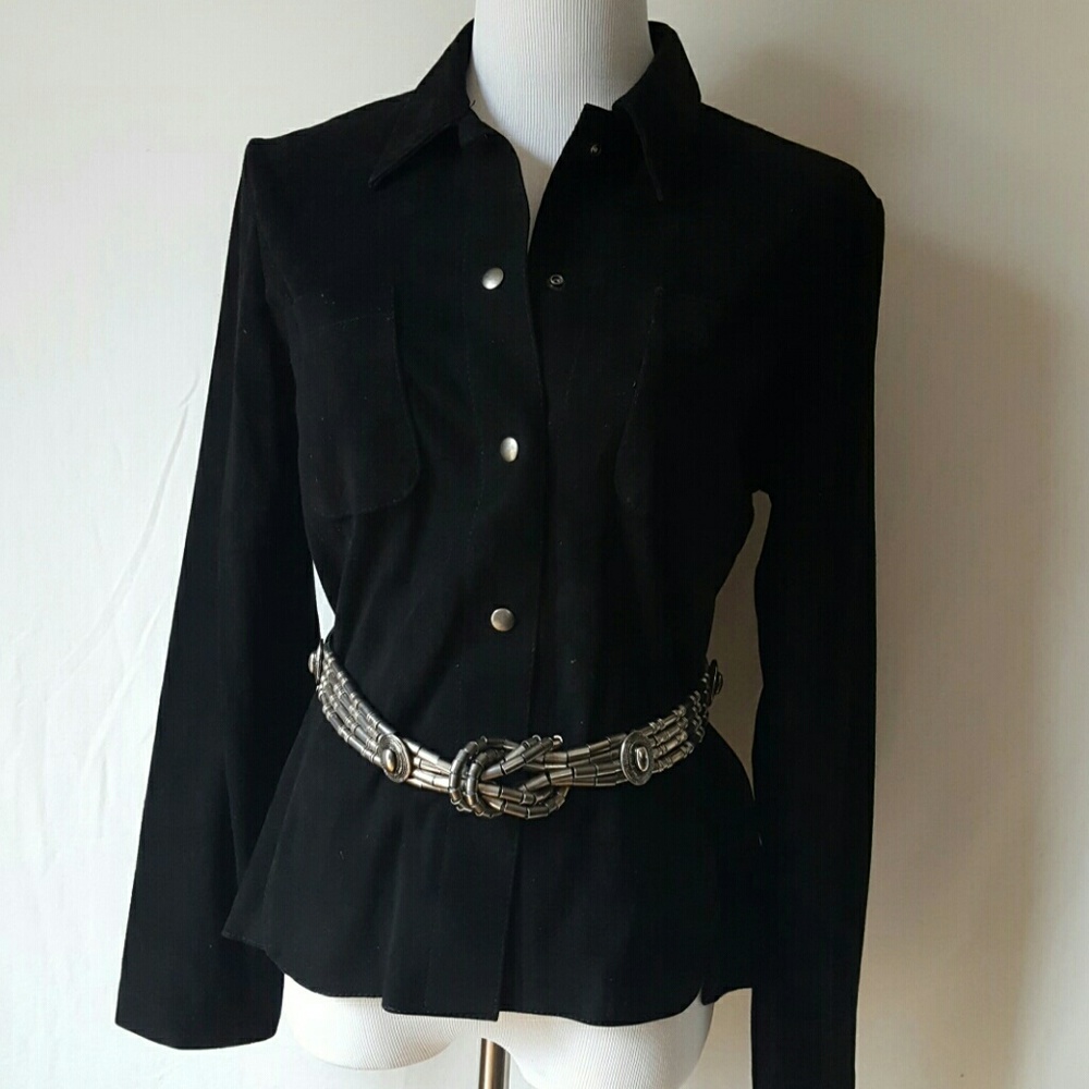 Black suede snap front shirt jacket