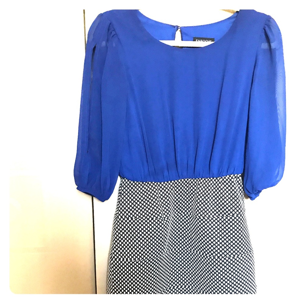 Blue, black and white dress with sleeve cutouts