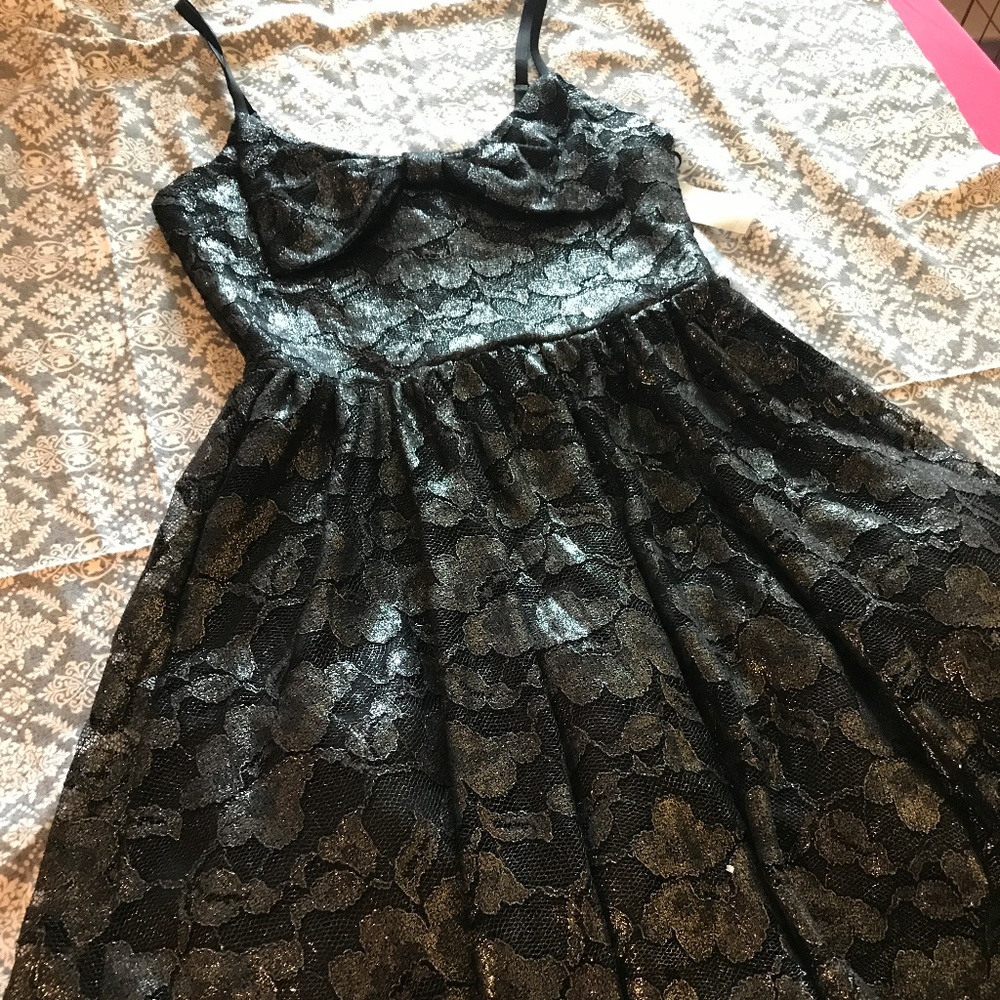 American Rag Shimmery Lace Black Bow-Front Dress - Picture 1 of 4